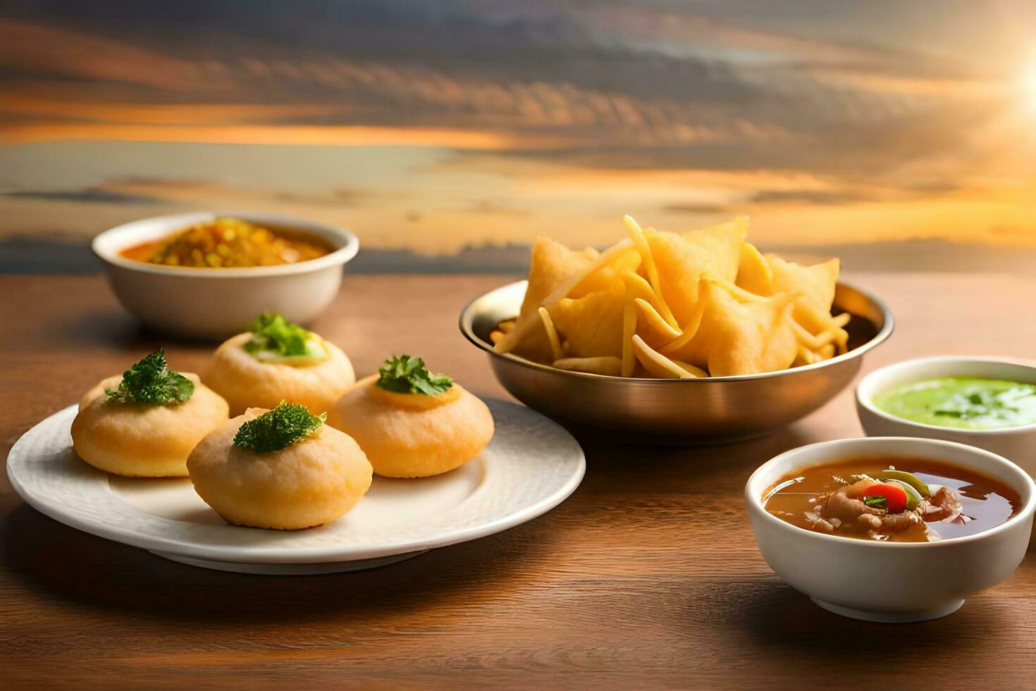 indian food on wooden table with sunset in background. AI-Generated photo