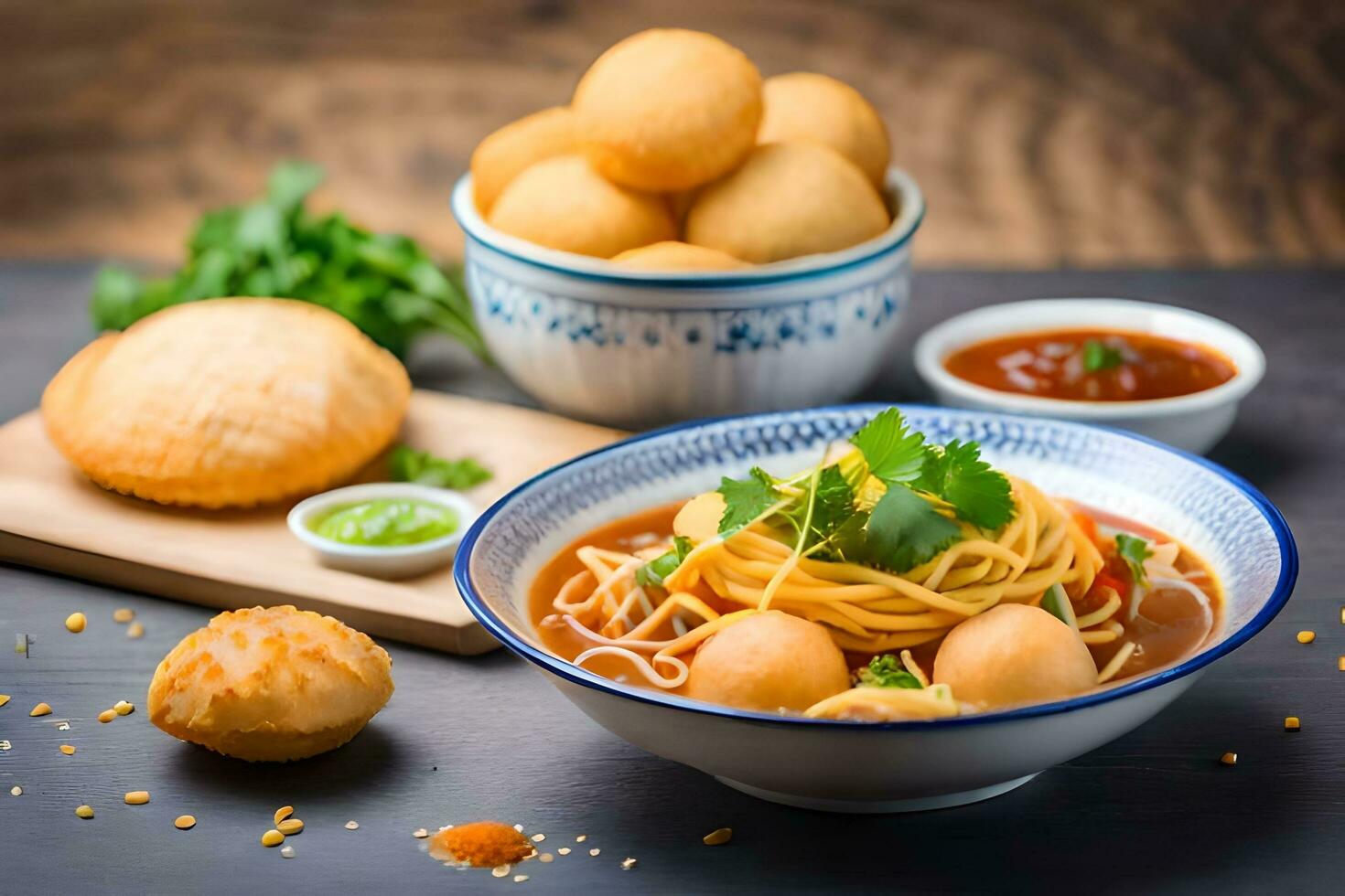 chinese food with noodles and vegetables in a bowl. AI-Generated photo