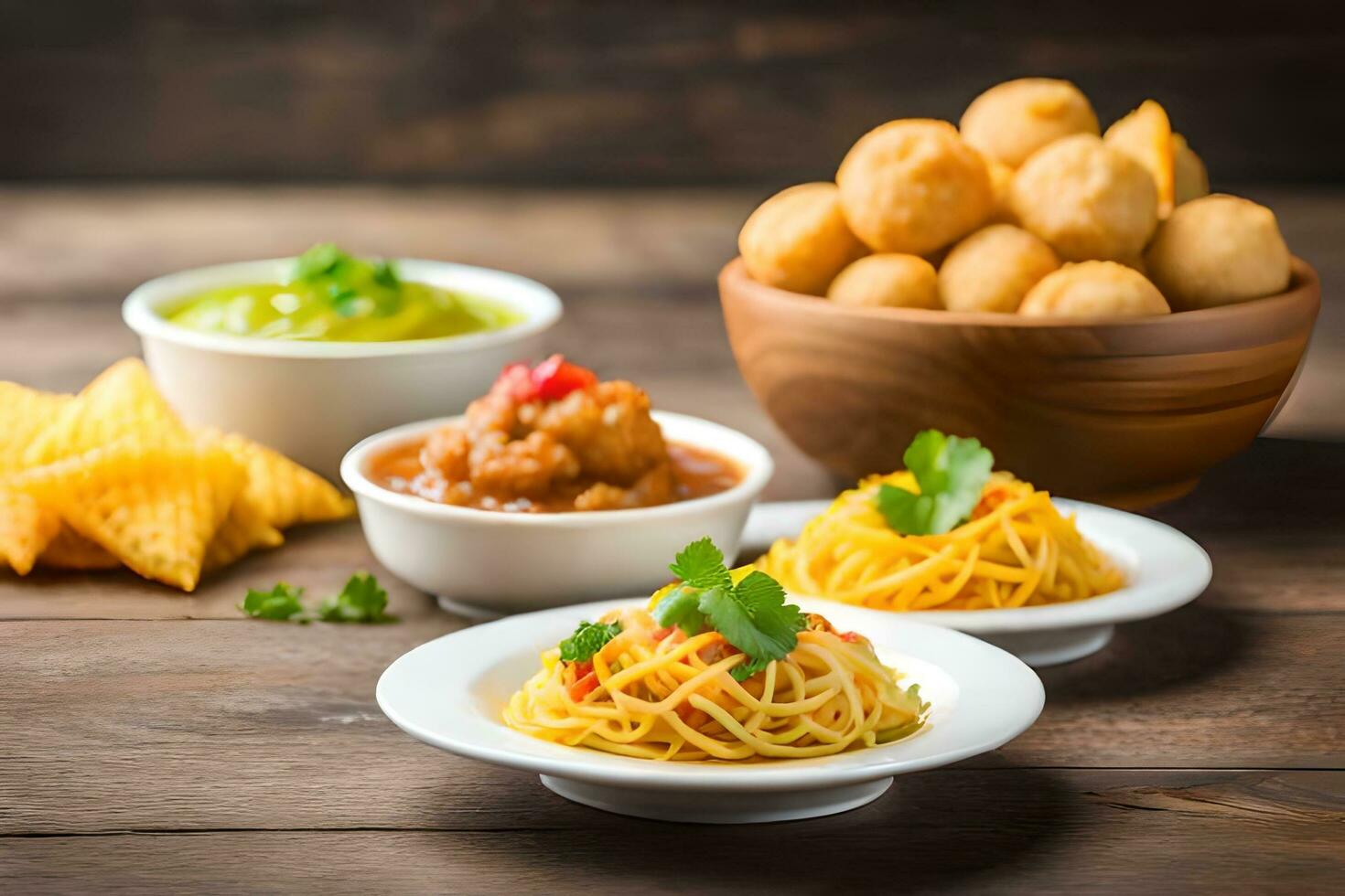 indian food dishes on wooden table. AI-Generated photo