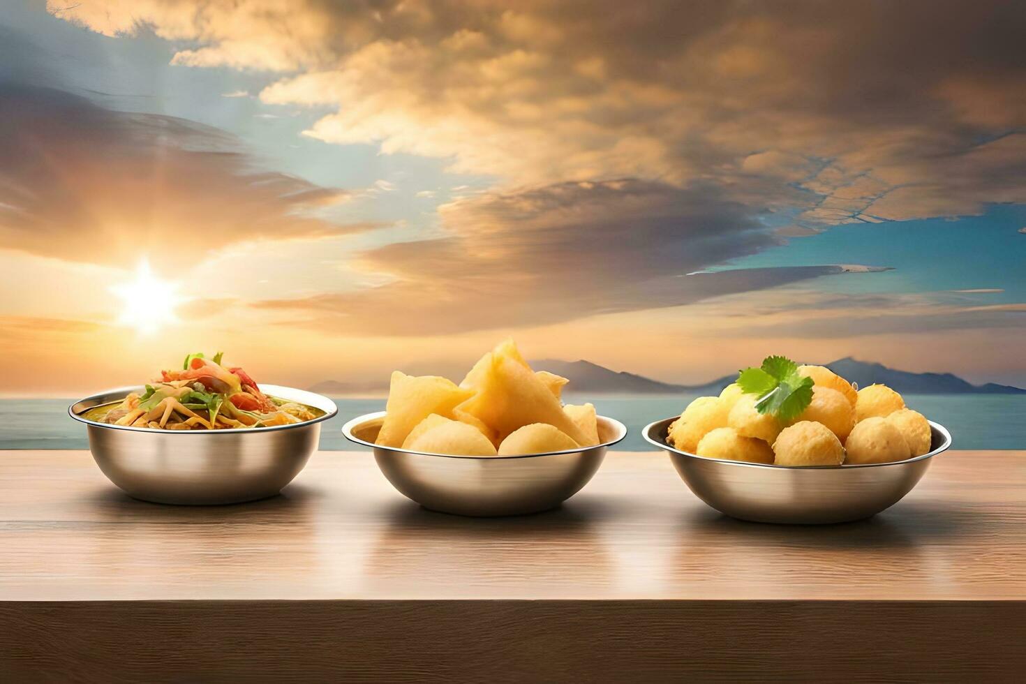 three bowls with food on a wooden table. AI-Generated photo