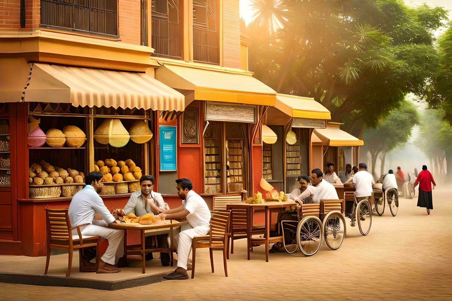 people sitting at tables in a street with fruit and vegetables. AI-Generated photo