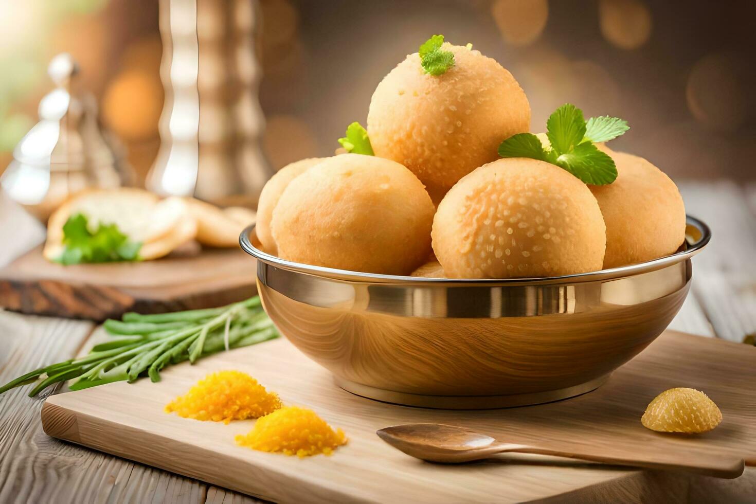 indian sweets in a bowl on a wooden table. AI-Generated photo