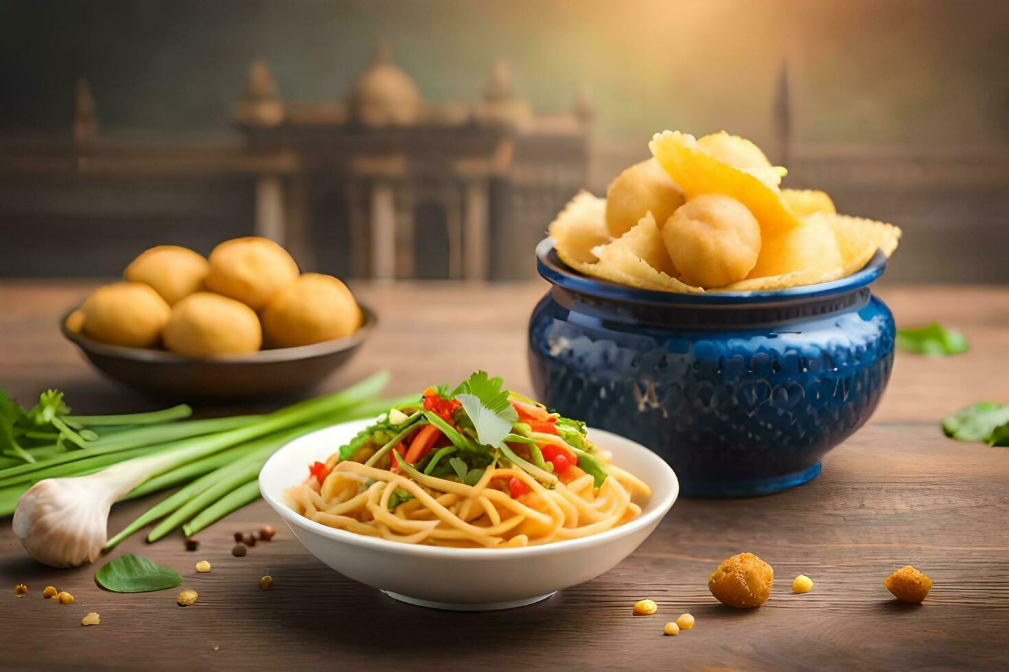 spaghetti with meatballs and garlic on wooden table. AI-Generated photo