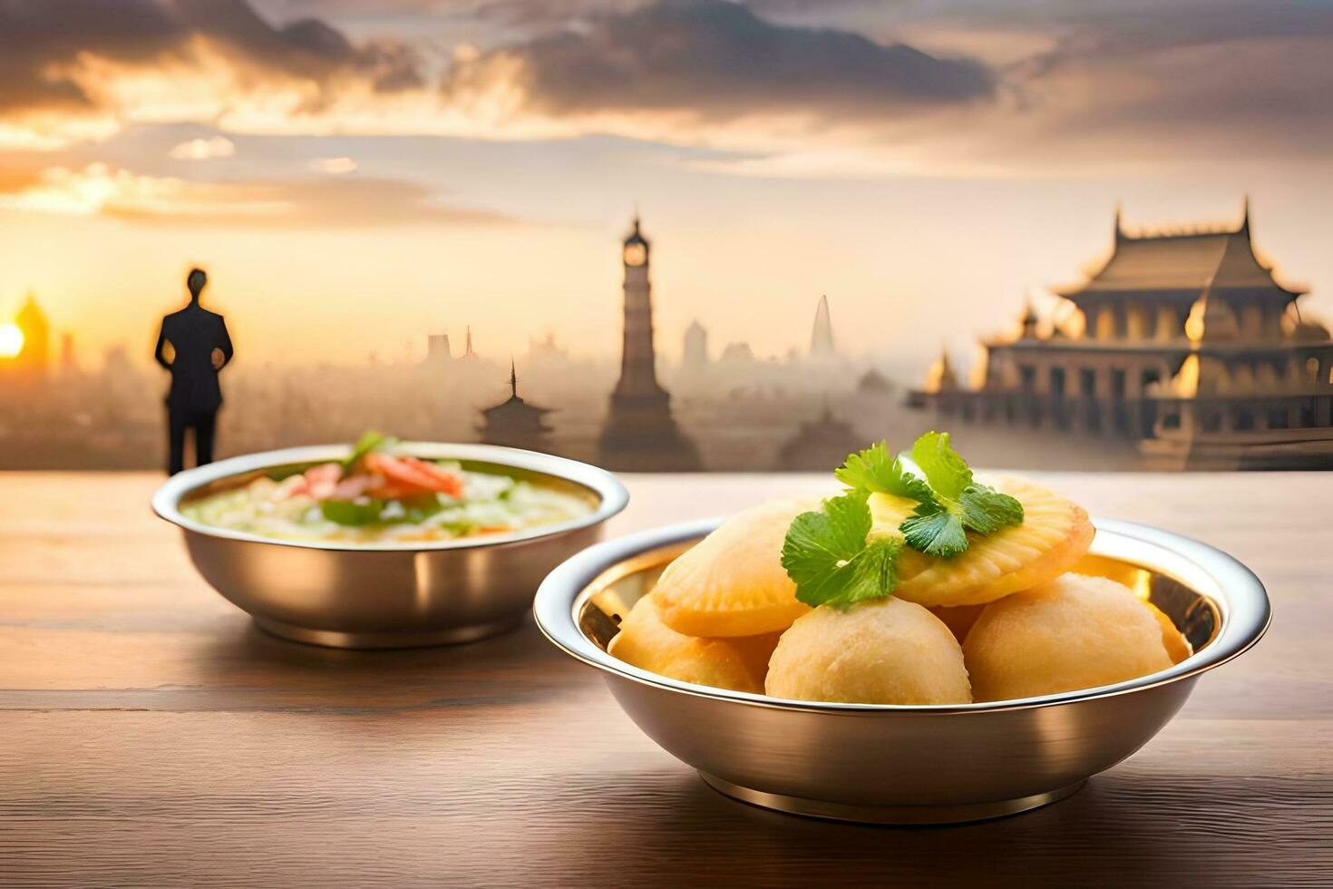 indian food in bowls with city view in background. AI-Generated photo