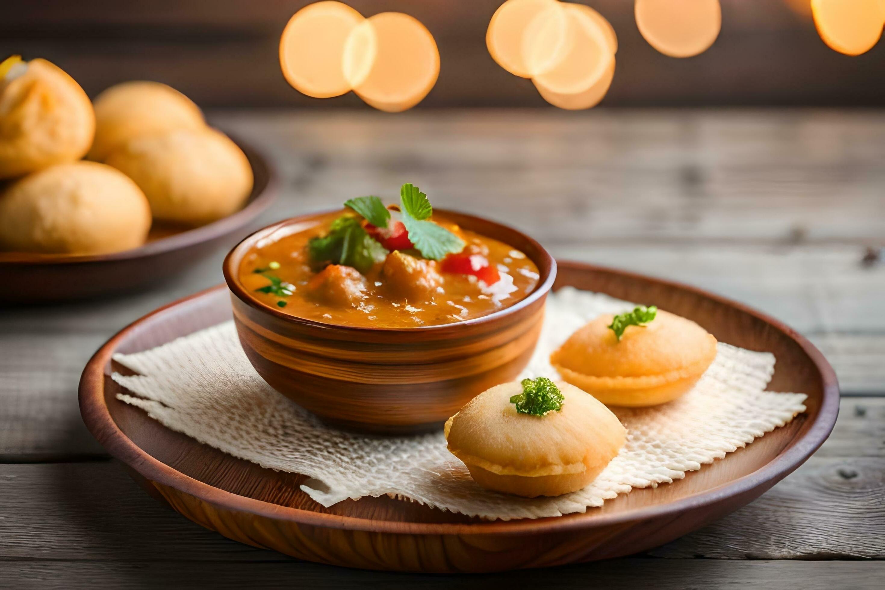 indian food with dosa and dosa on wooden table. AI-Generated 33632911