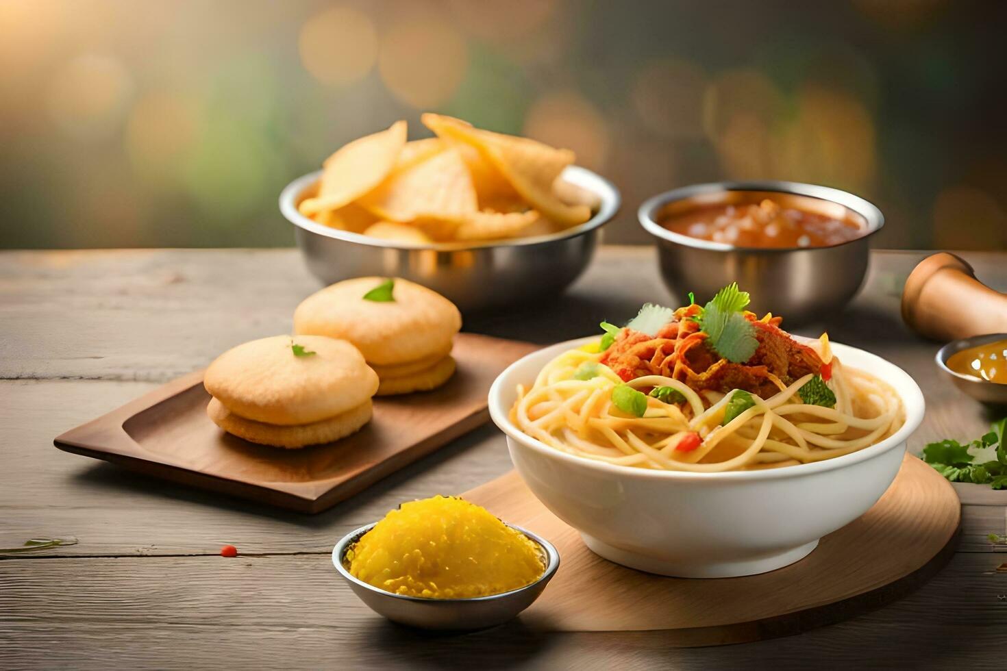 indian food with noodles and vegetables on wooden table. AI-Generated photo