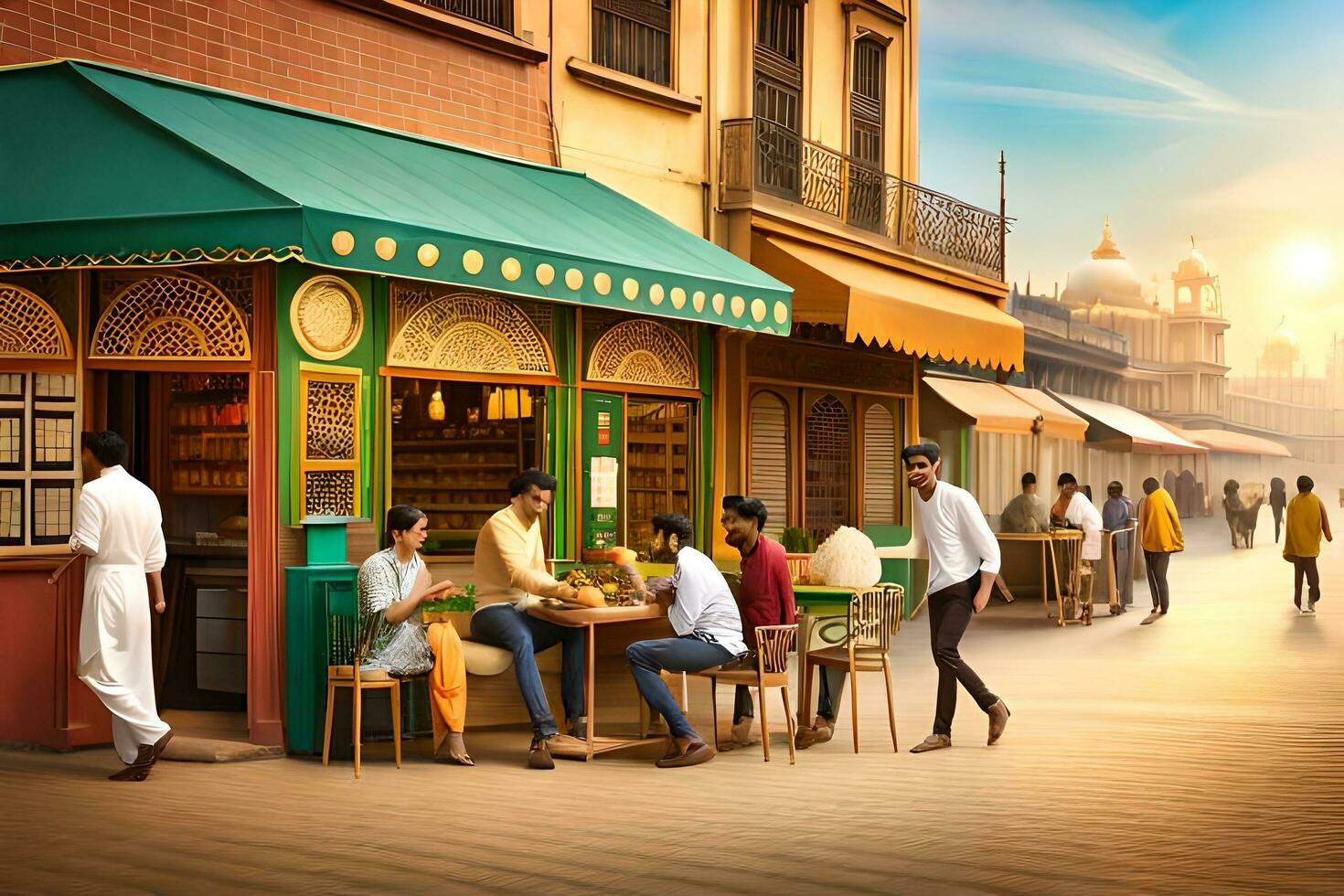 a group of people sitting outside a restaurant. AI-Generated photo