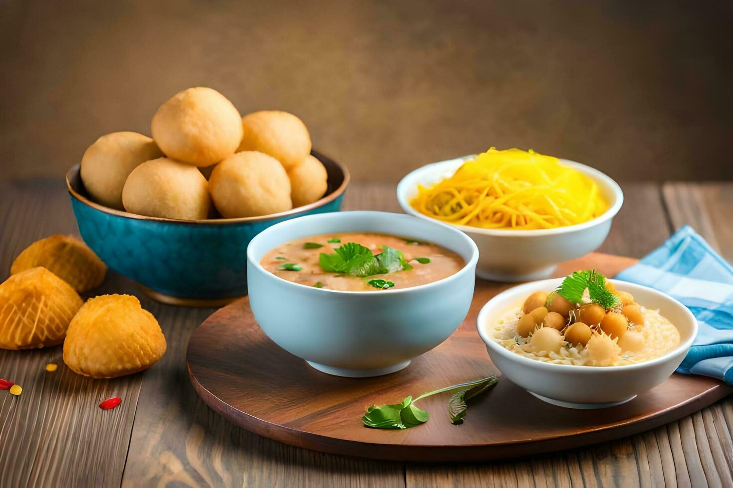 indian food dishes on a wooden table. AI-Generated photo