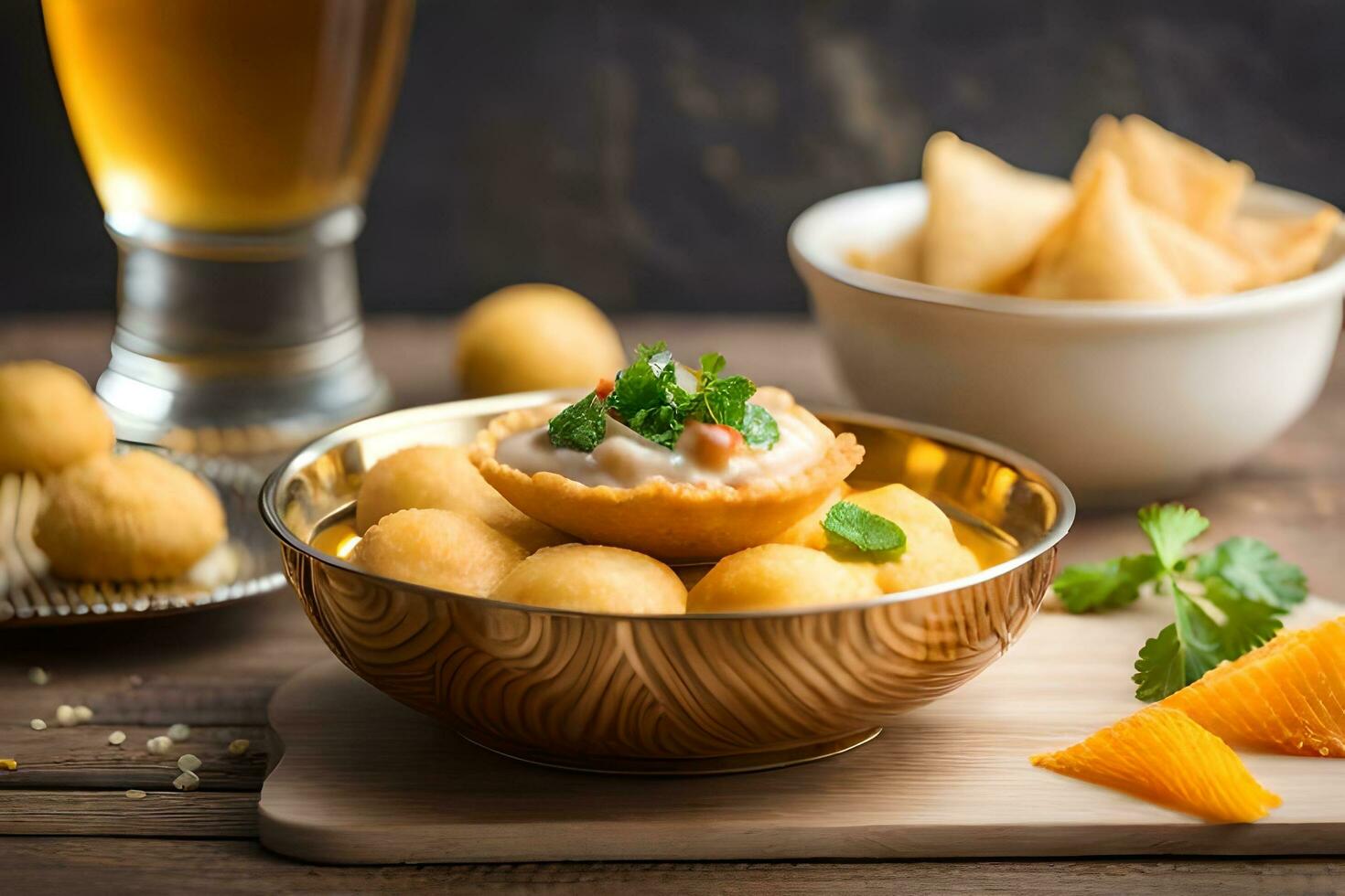 indian food with beer and snacks on wooden table. AI-Generated photo