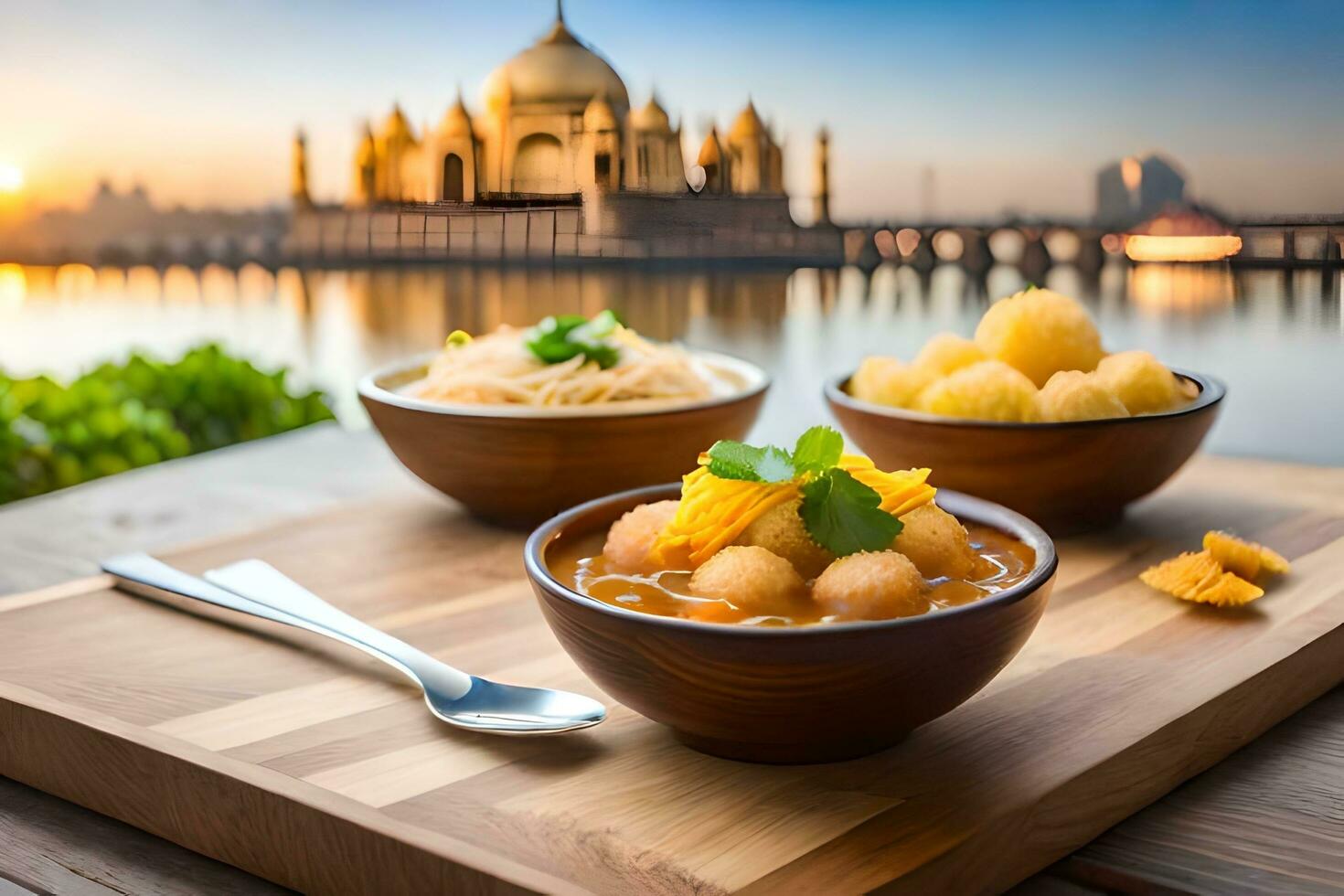 indian food in bowls with a view of the taj mahal in the background. AI-Generated photo