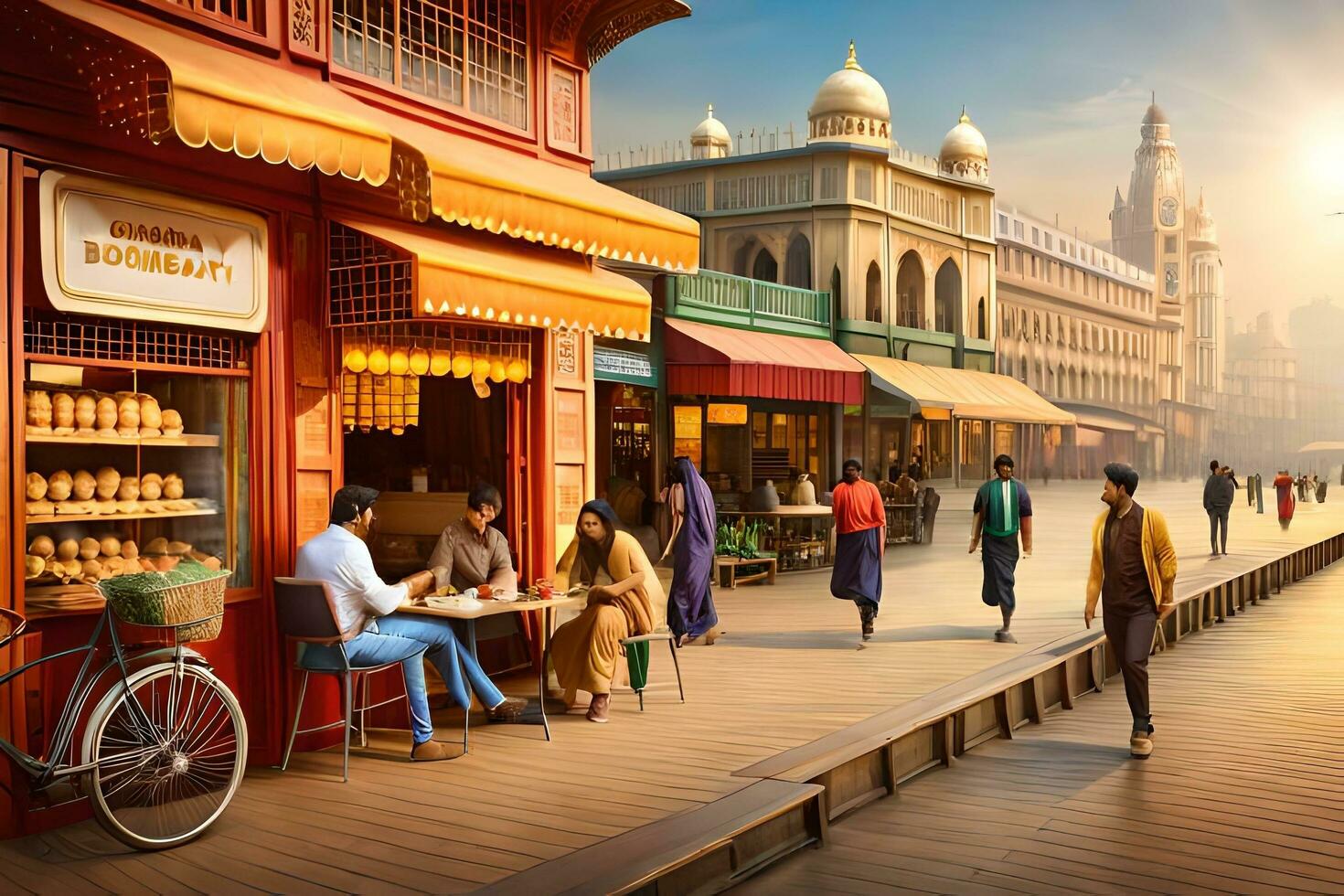 a scene of people walking along a boardwalk in front of a building. AI-Generated photo