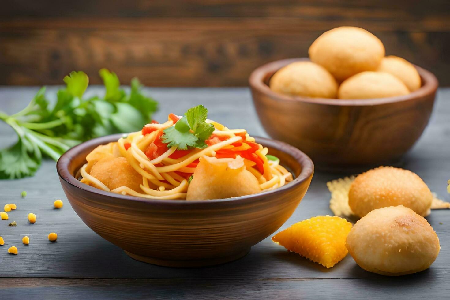 chinese noodles with vegetables and meat in wooden bowls on dark wooden table. AI-Generated photo