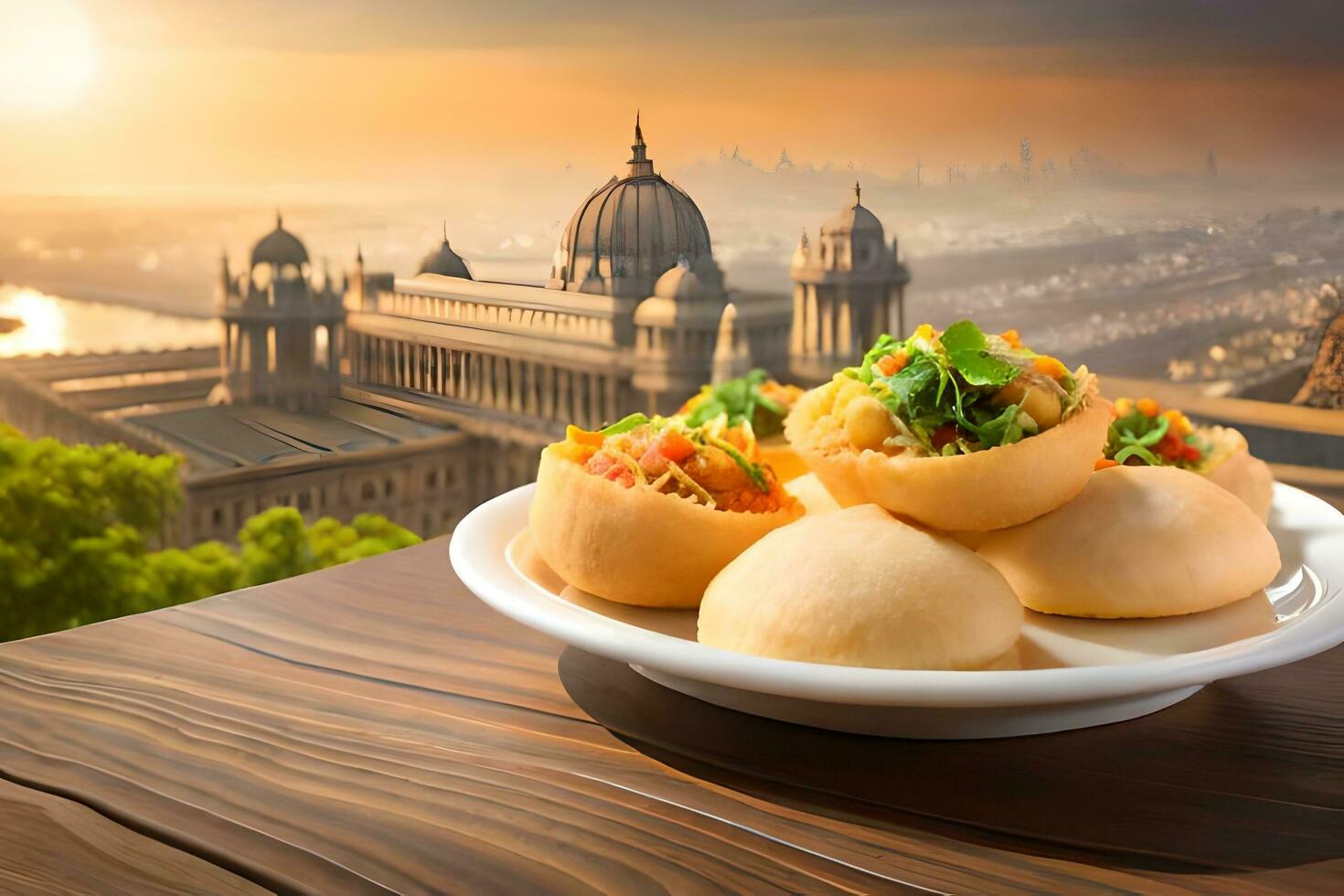 indian food on a plate with a view of the city. AI-Generated photo