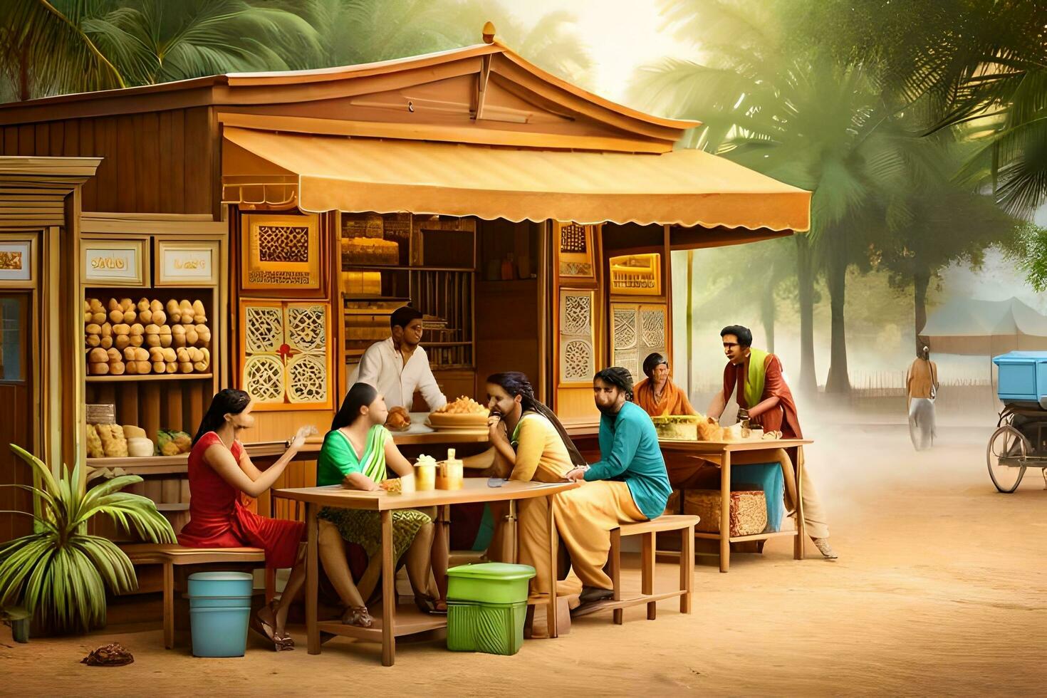 a group of people sitting at a food stand. AI-Generated photo