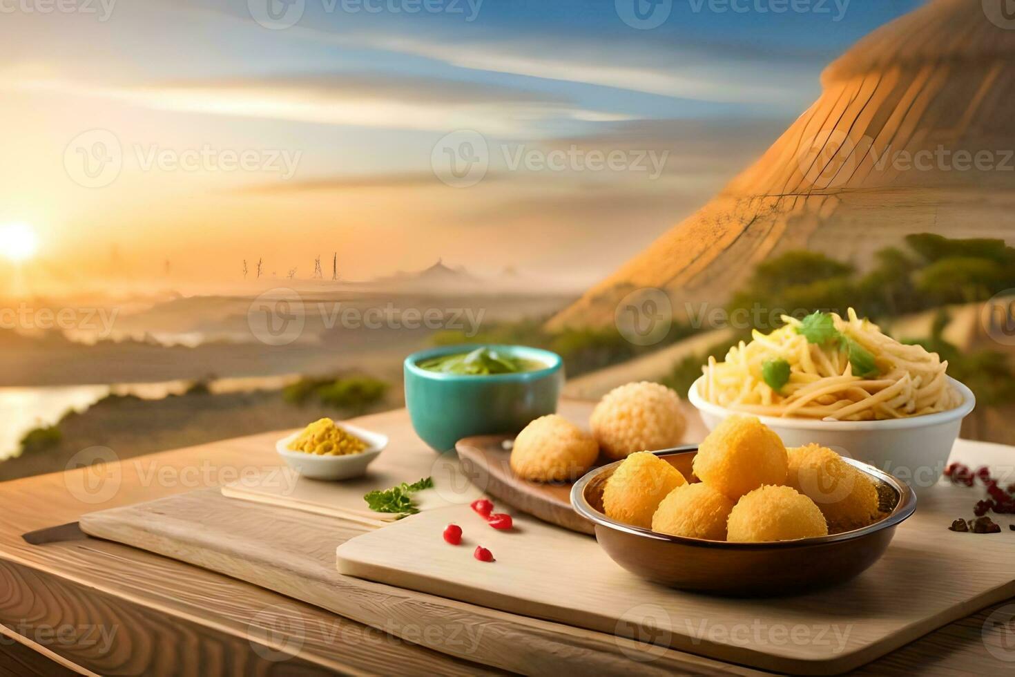 a plate of pasta and bread with a bowl of sauce on a table in front of a mountain. AI-Generated photo