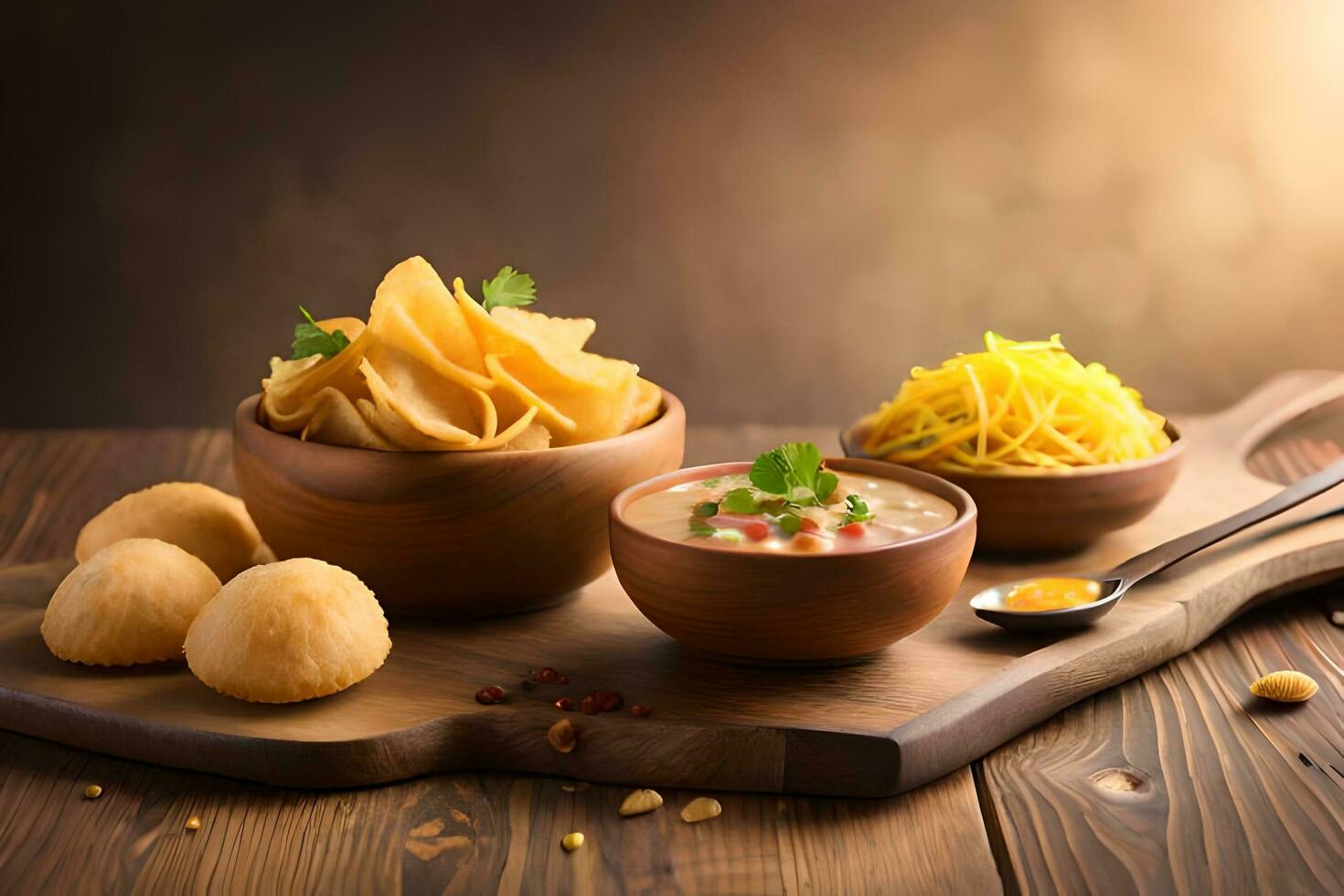 indian food with bowls of chips and dip. AI-Generated photo