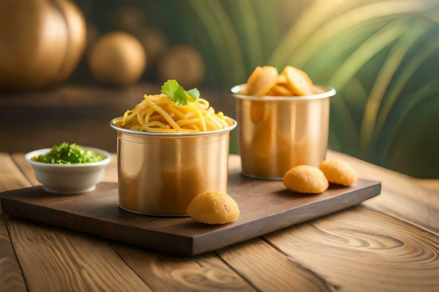 two metal containers with food on a wooden table. AI-Generated photo