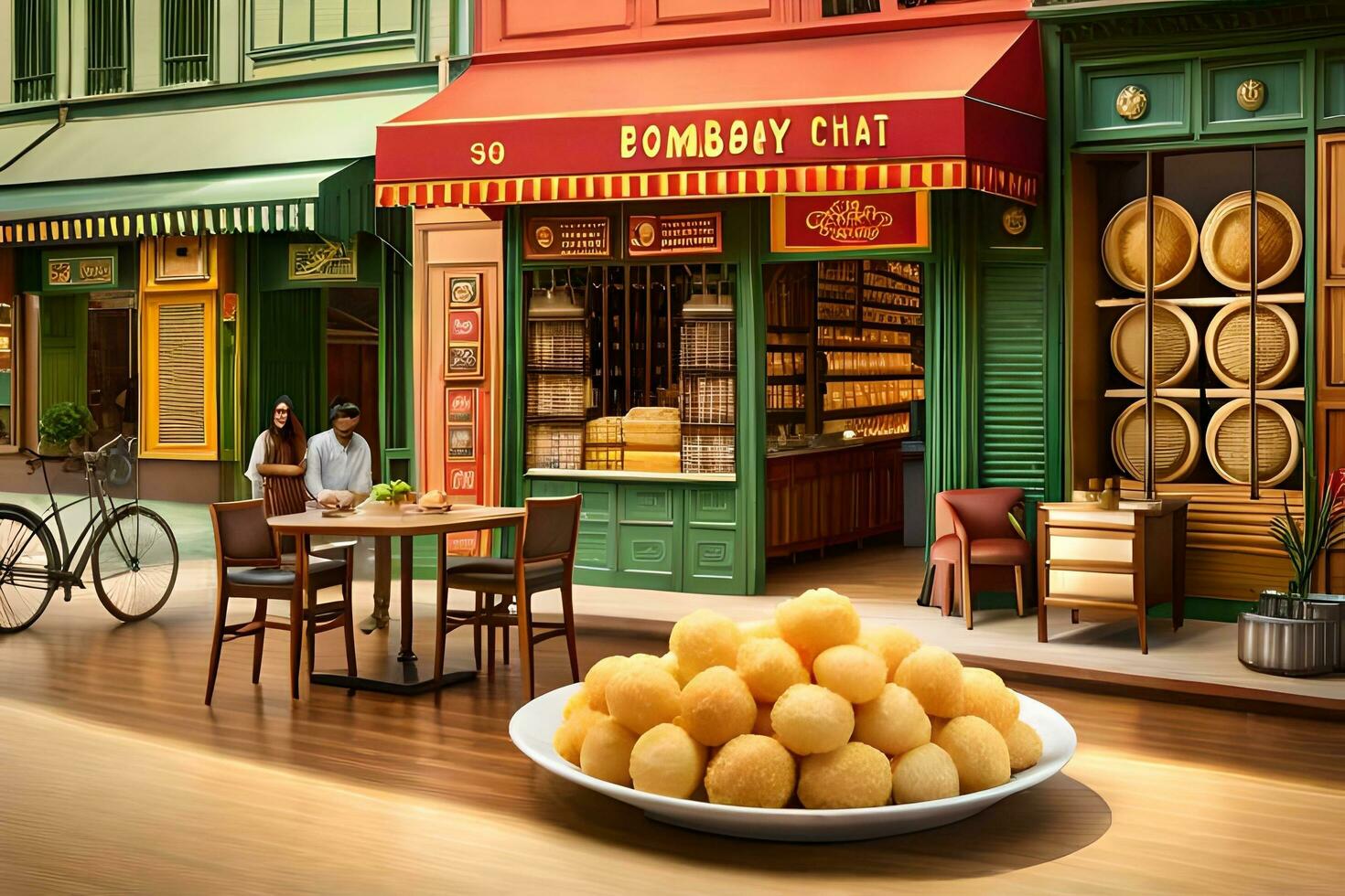 a restaurant with a table full of food. AI-Generated photo