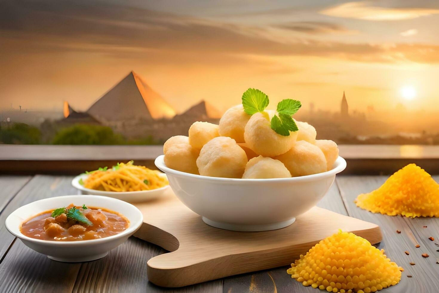 egyptian food with egyptian pyramids in background. AI-Generated photo