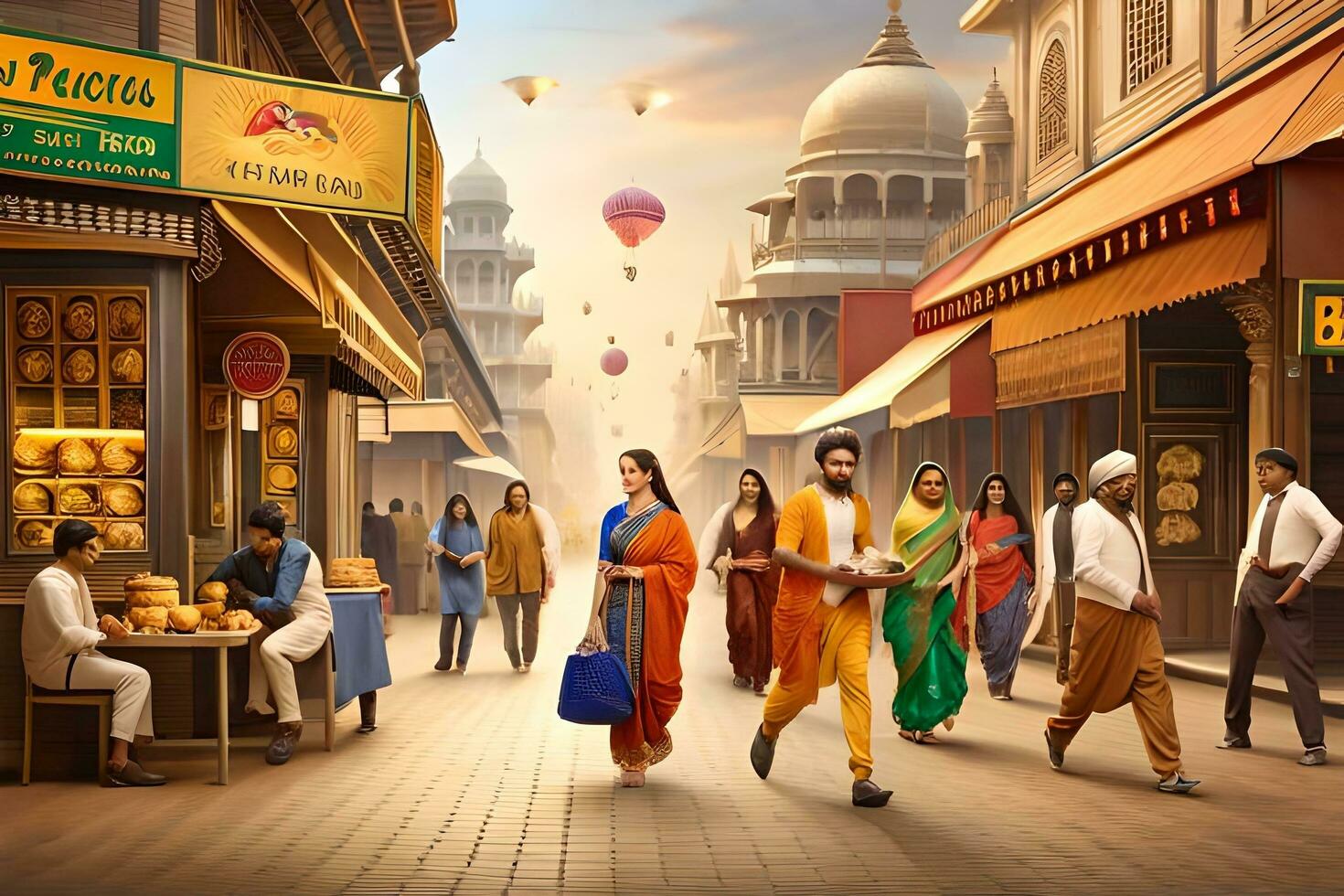 a group of people walking down a street in india. AI-Generated photo