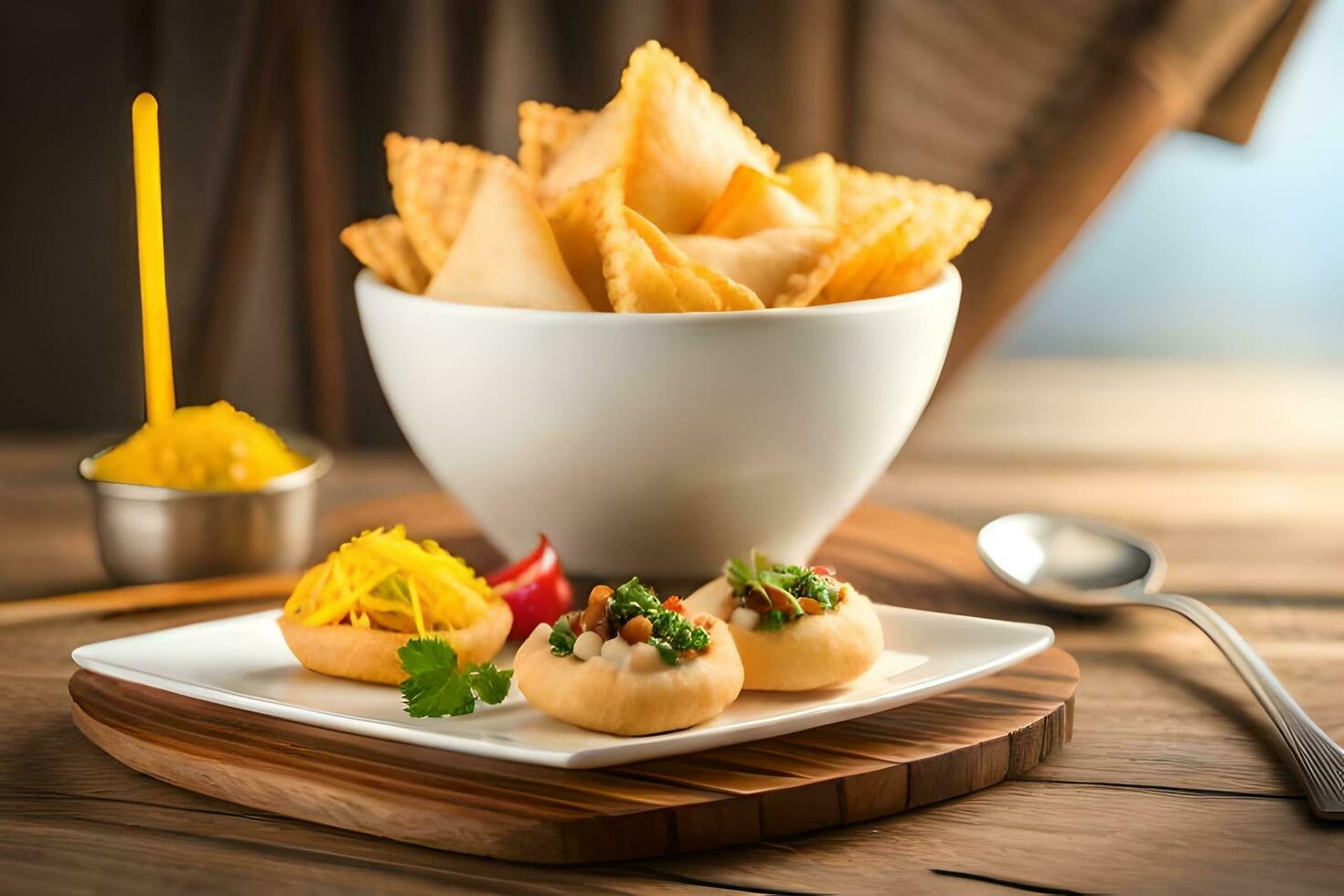 indian food with chips and dip on a wooden table. AI-Generated photo