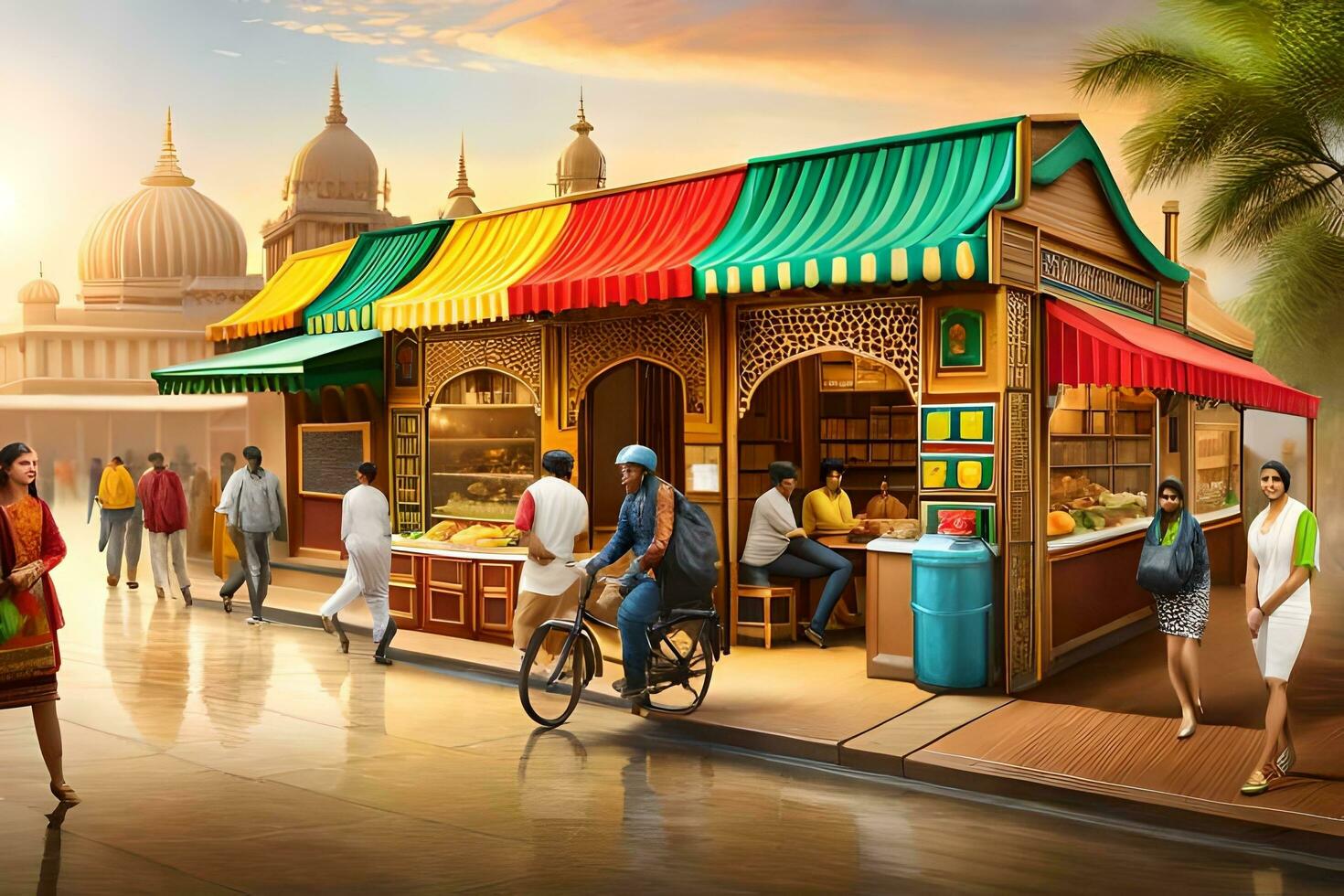 a street scene with people walking by a food stand. AI-Generated photo