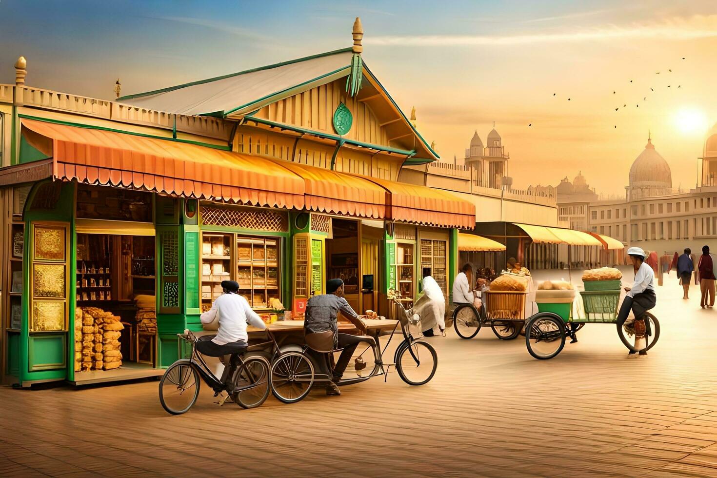 a street scene with people on bicycles and bicycles. AI-Generated photo