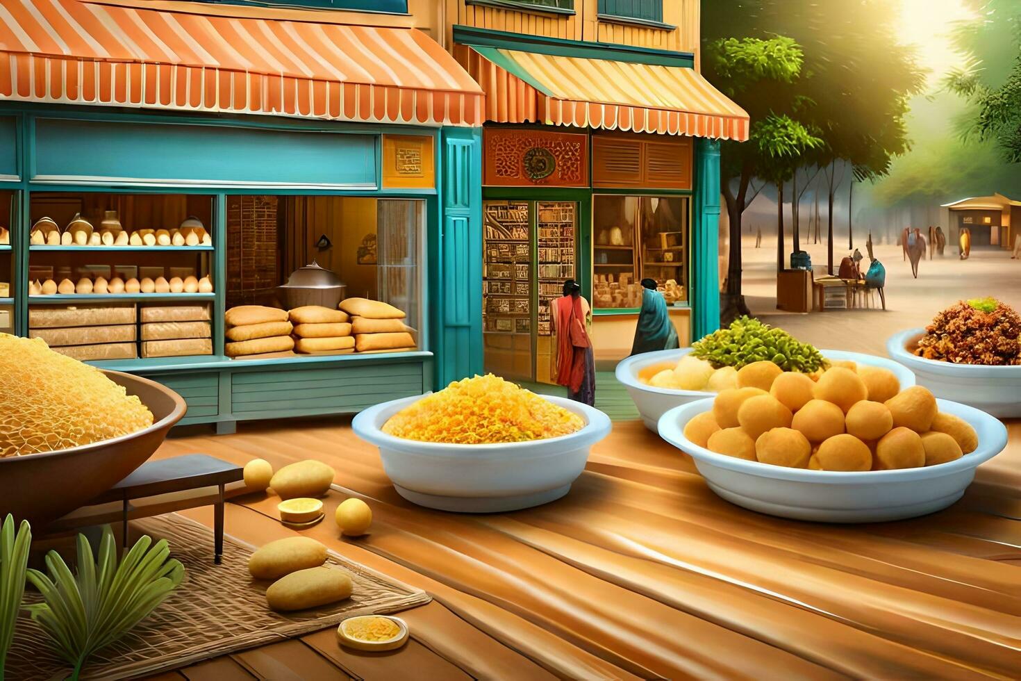 an illustration of a street scene with bowls of food. AI-Generated photo