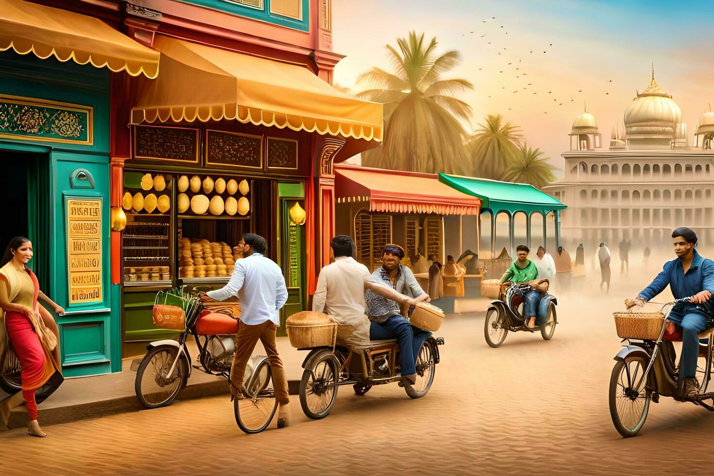 a group of people riding bicycles in front of a building. AI-Generated photo