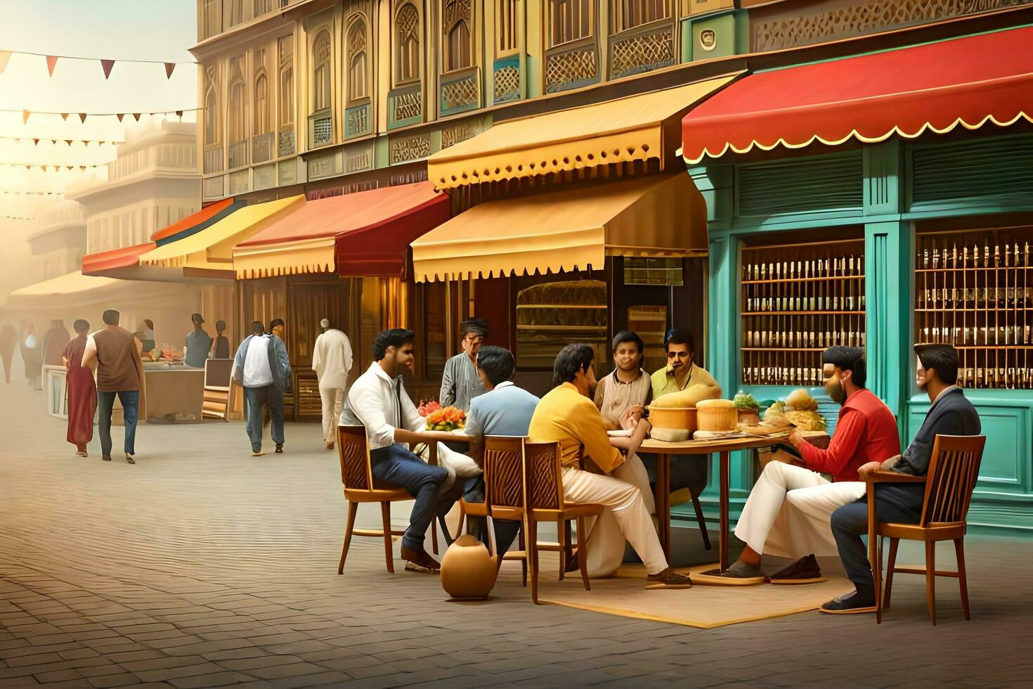 a painting of people sitting at tables in a street. AI-Generated photo