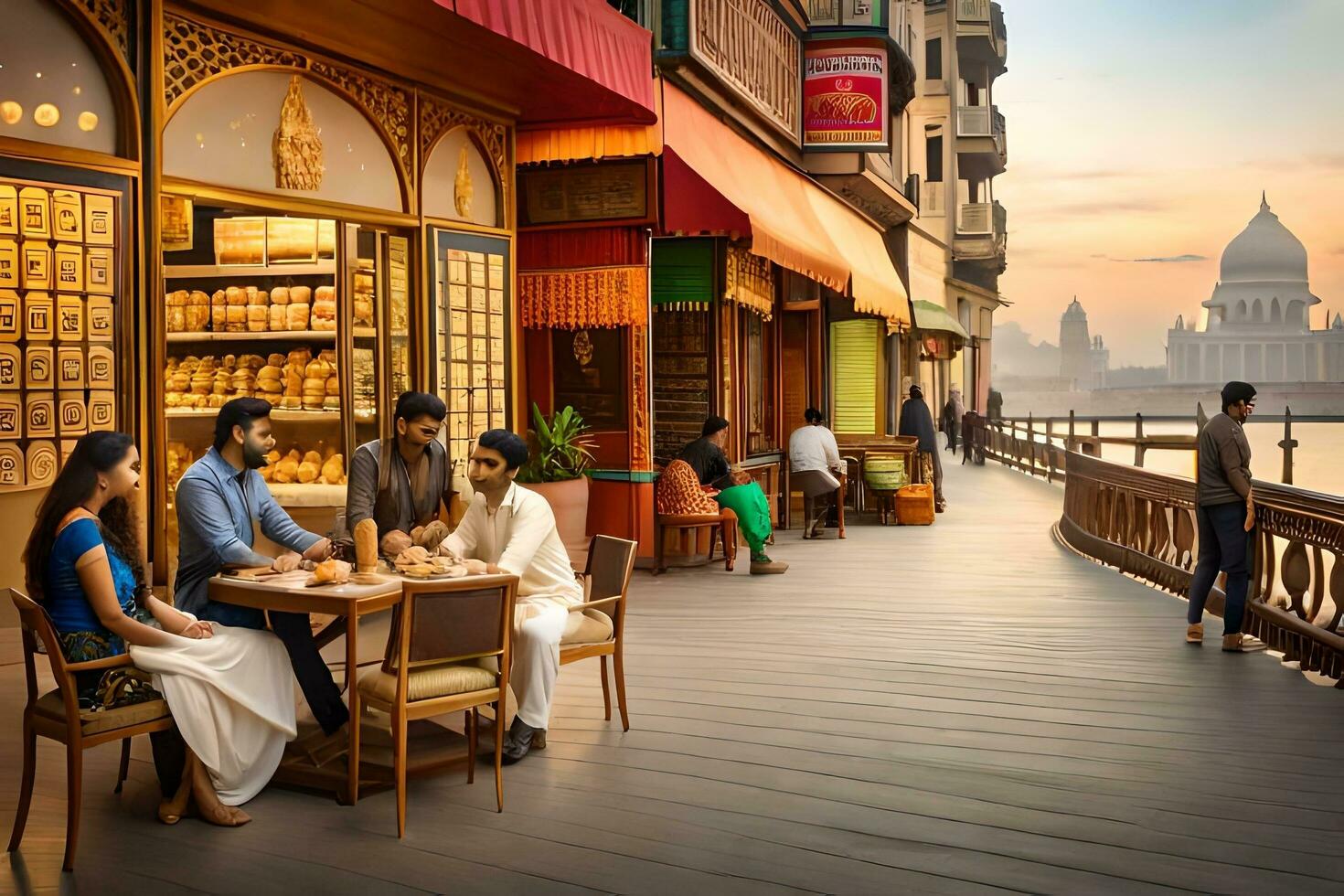 people sitting at tables on a boardwalk near the water. AI-Generated photo