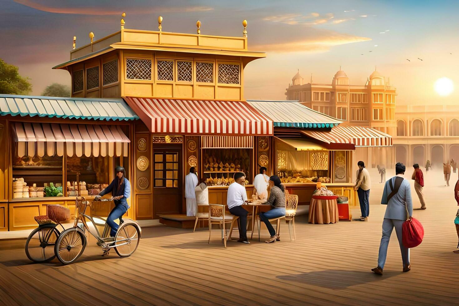 a scene of people walking around a market. AI-Generated photo
