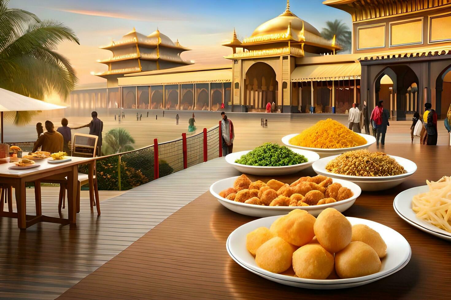 a table with food and a view of a palace. AI-Generated photo