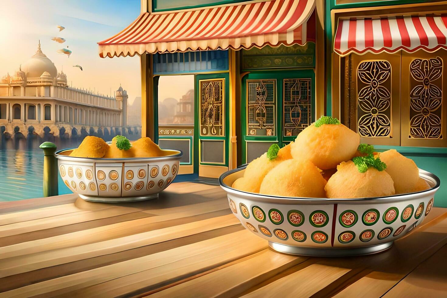 two bowls of food are on a table in front of a building. AI-Generated photo