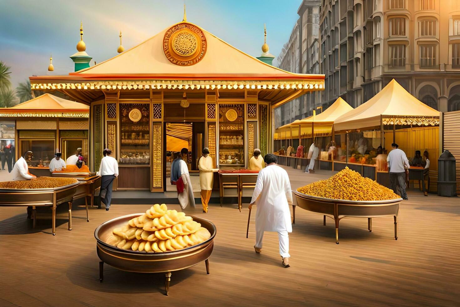 a man is walking around a food stand with people. AI-Generated photo