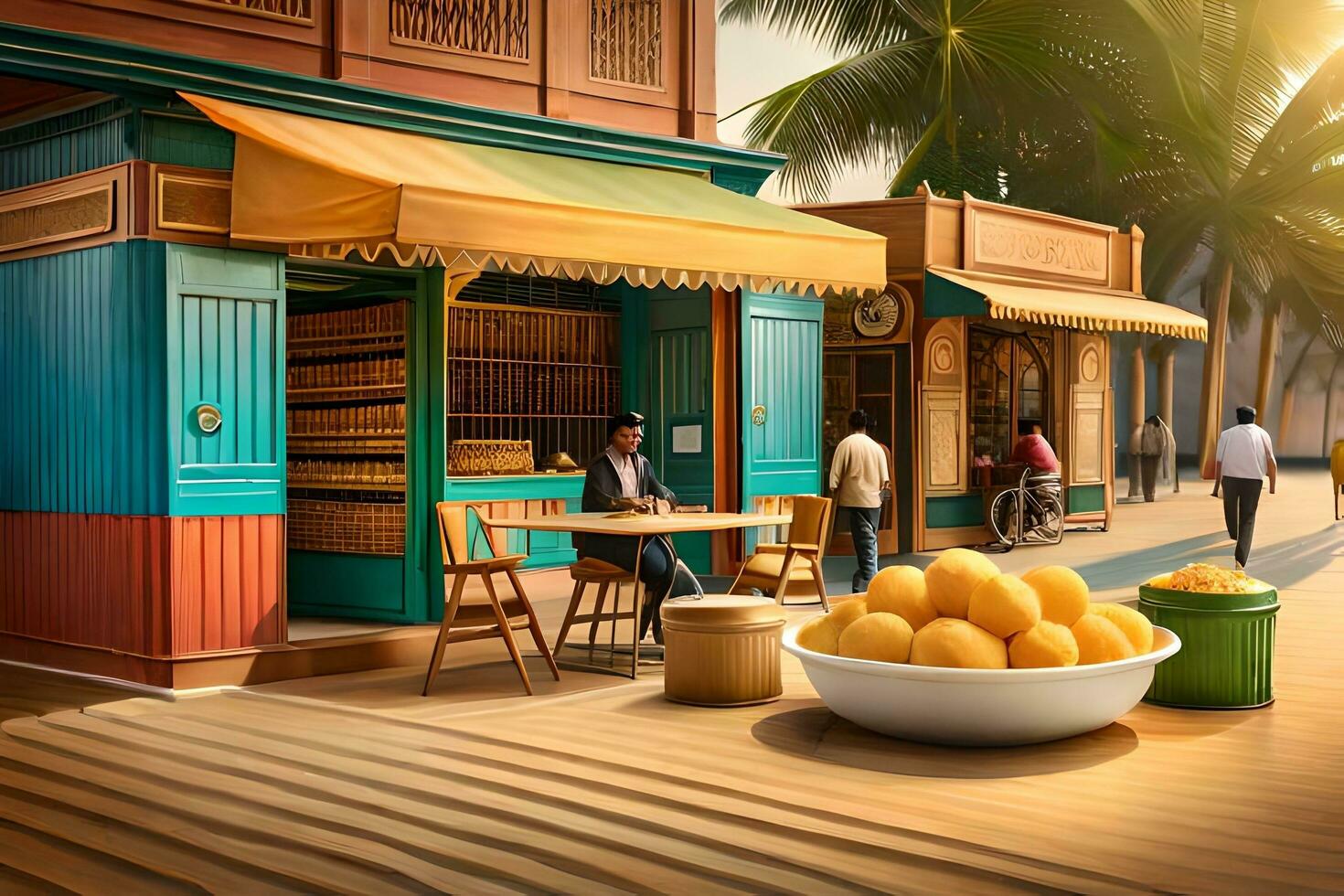 a street scene with people walking around and eating. AI-Generated photo