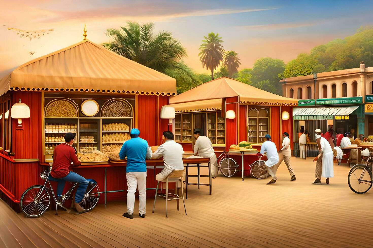 a group of people are standing around a food stand. AI-Generated photo