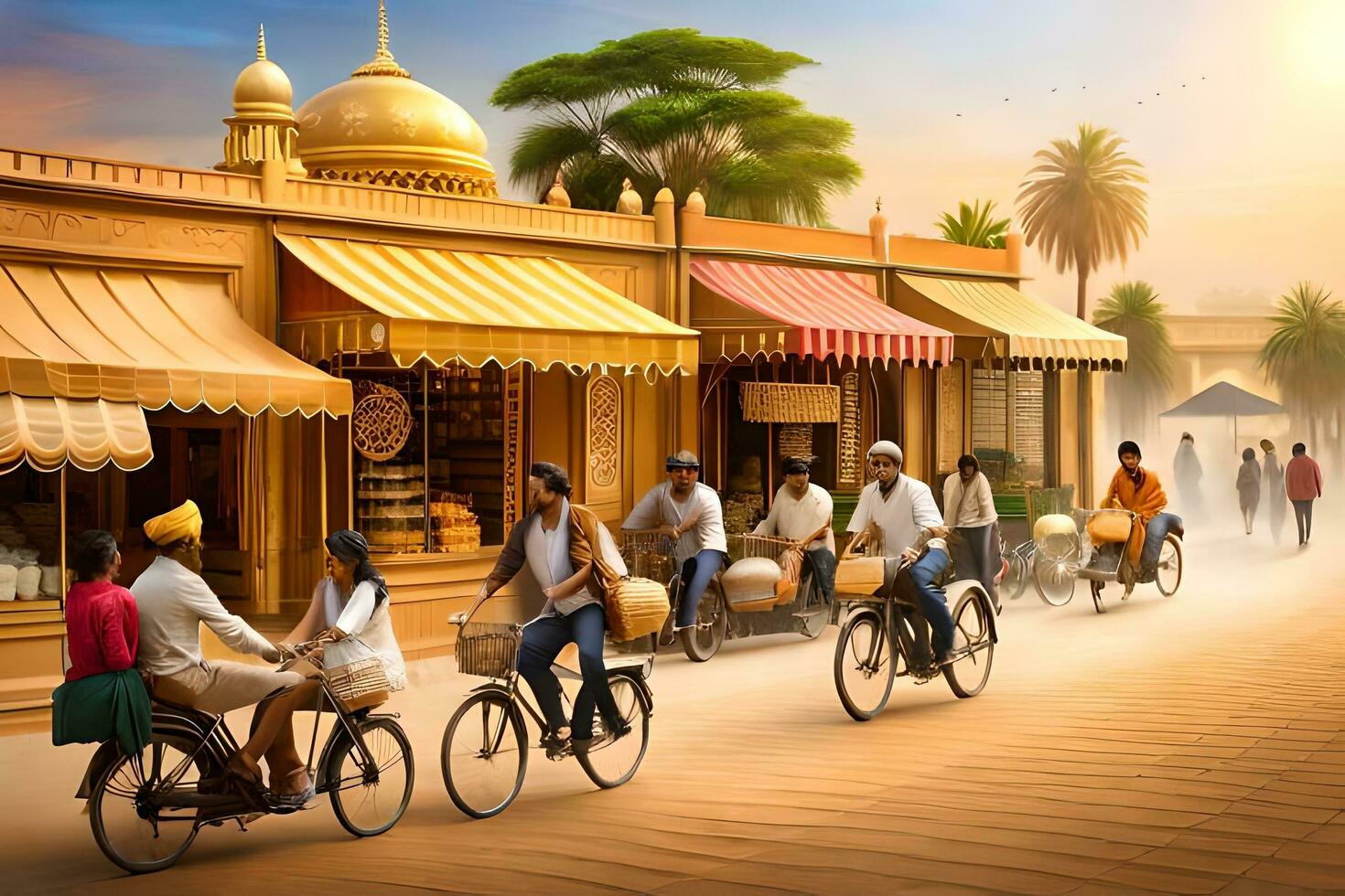 a group of people riding bicycles in front of a shop. AI-Generated photo