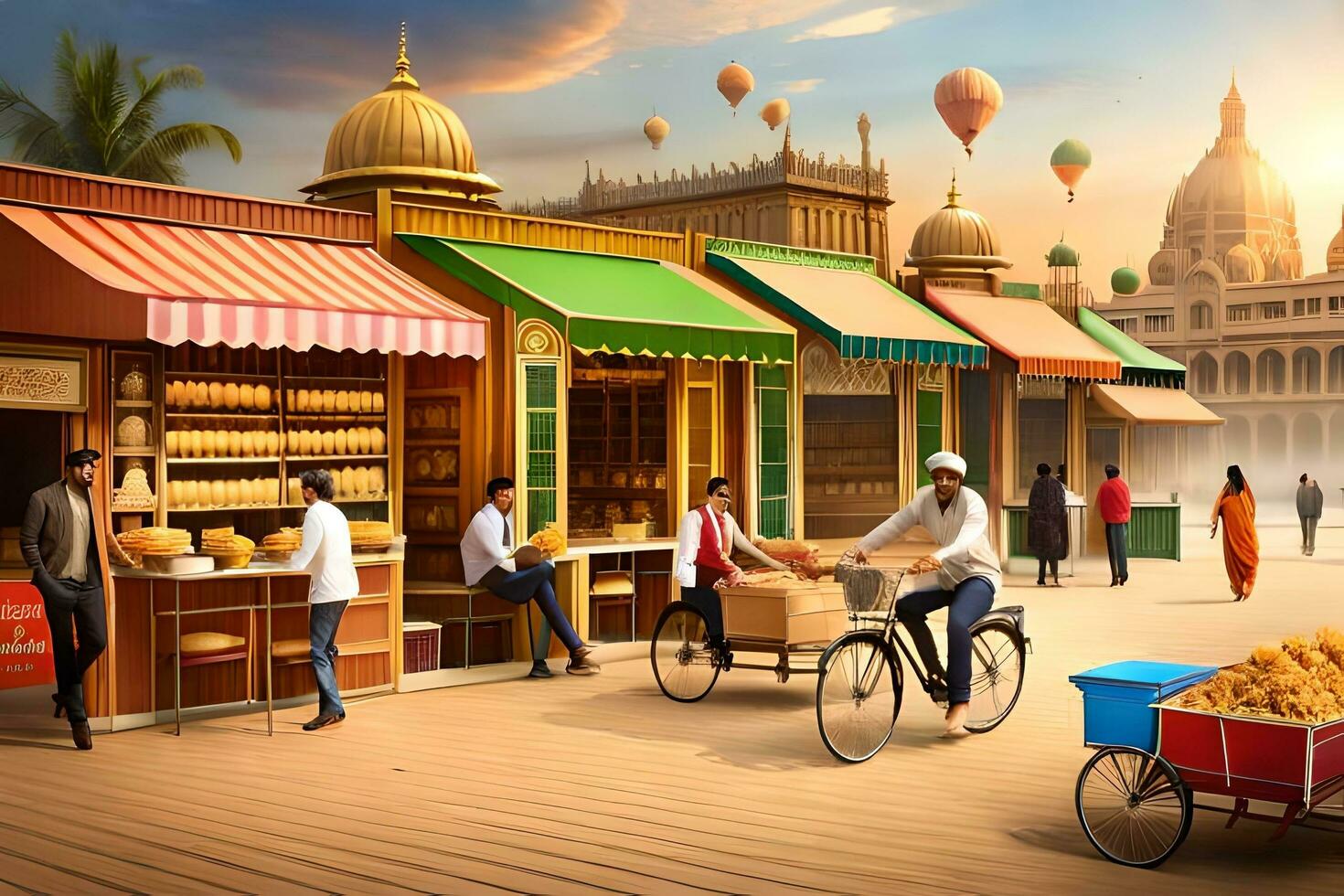 a scene from a city market with people on bicycles. AI-Generated photo