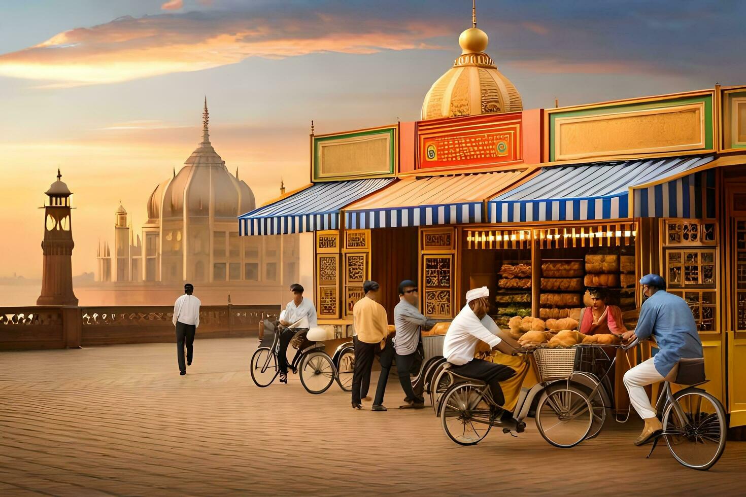 a man is selling food at a stand with a taj mahal in the background. AI-Generated photo