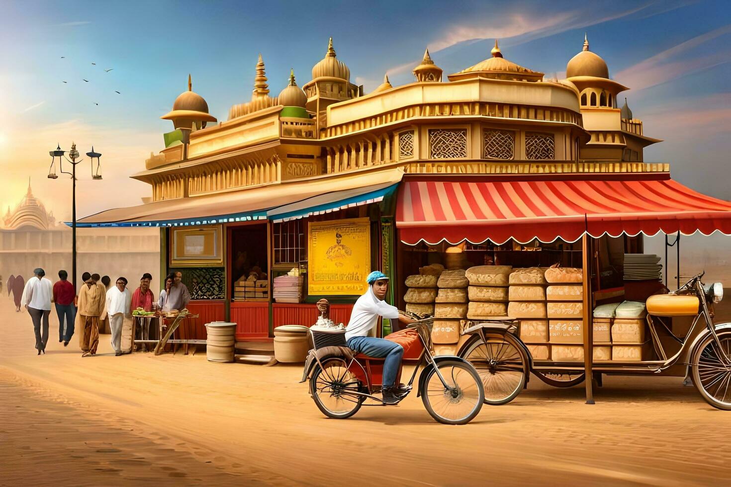 a man on a bike is standing in front of a shop. AI-Generated photo