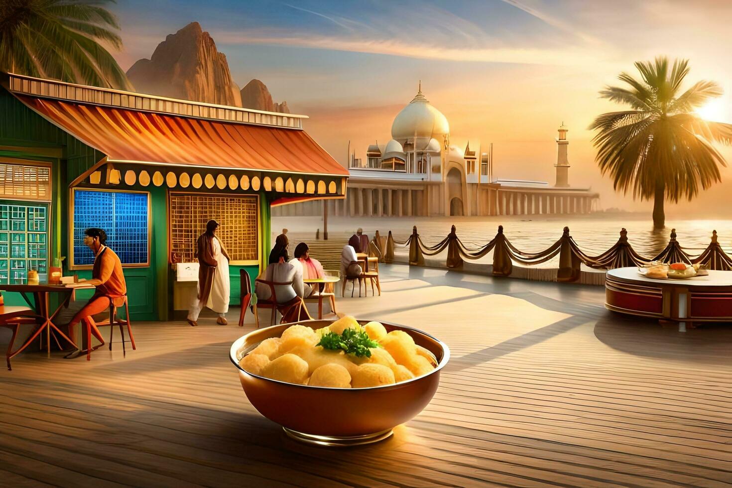a bowl of food is sitting on a table in front of a mosque. AI-Generated photo