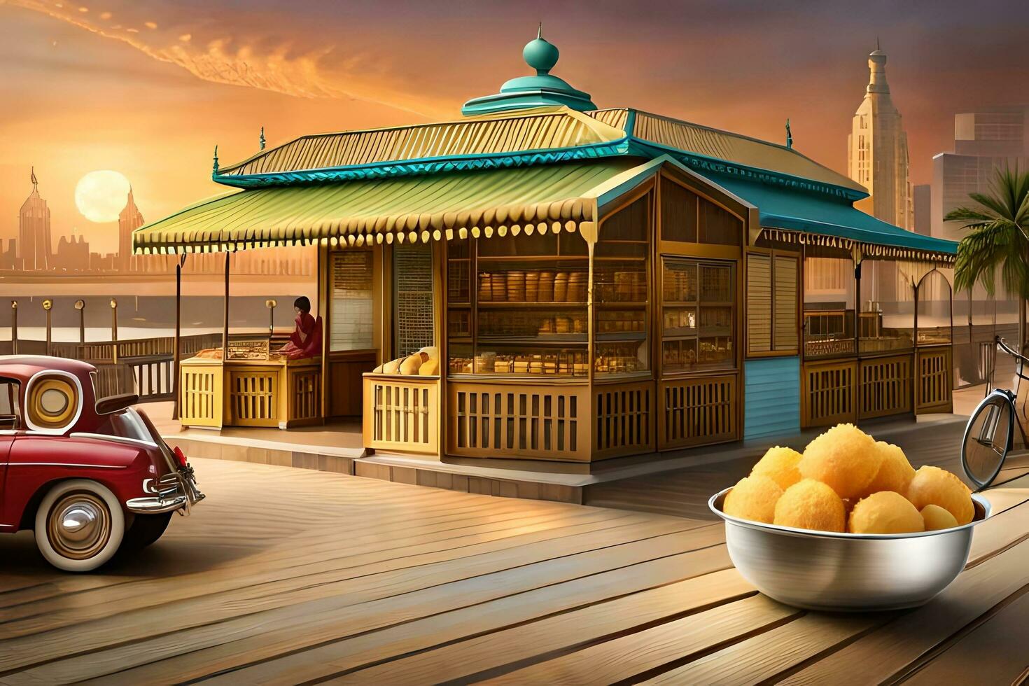 an old car and a food stand in front of a city. AI-Generated photo