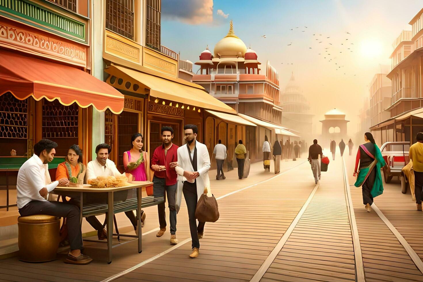 a group of people walking down a street in india. AI-Generated photo
