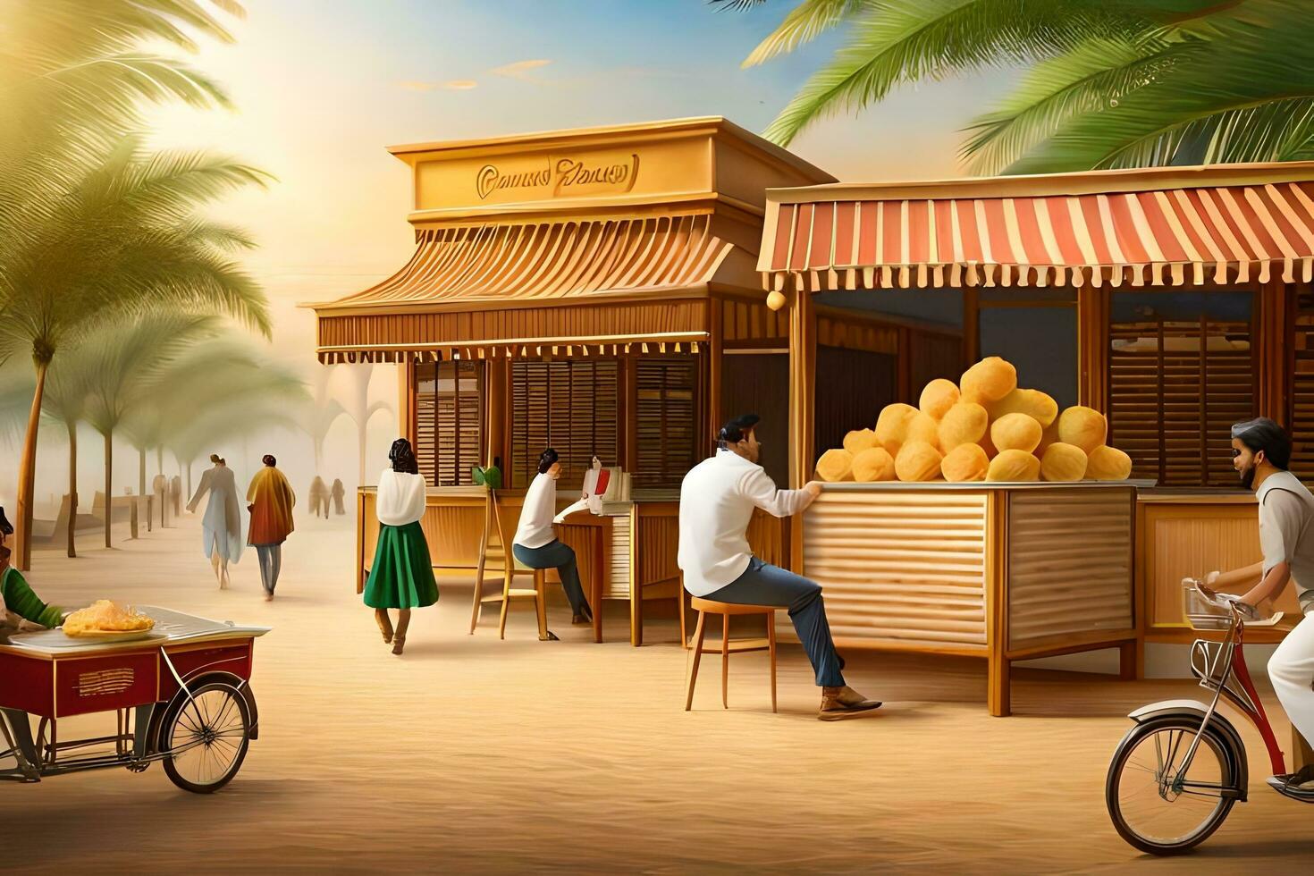 a painting of people on bicycles and a cart selling oranges. AI-Generated photo