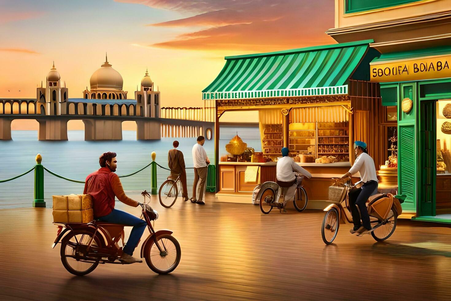 a man on a bike is riding by a building with people on the street. AI-Generated photo