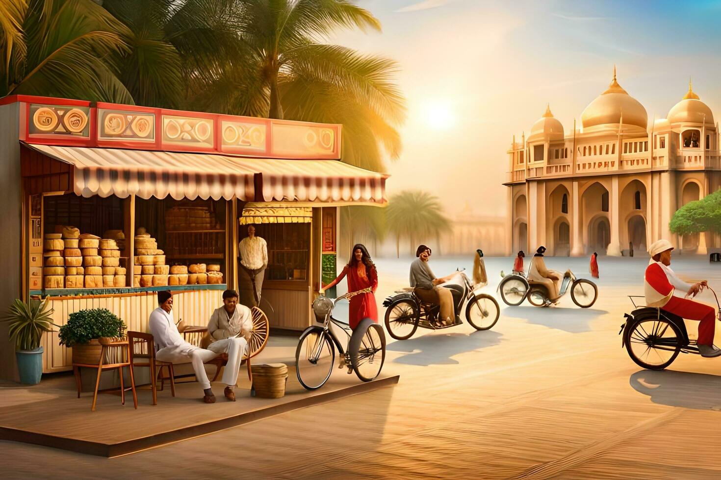 a scene with people on motorcycles and bicycles in front of a shop. AI-Generated photo