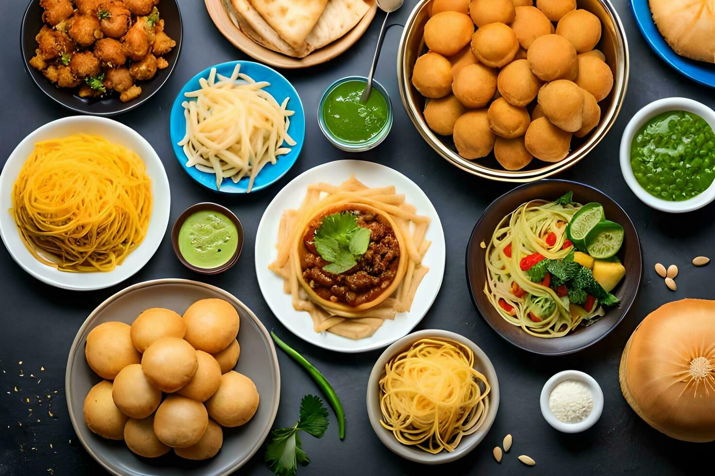 various types of indian food on a table. AI-Generated photo