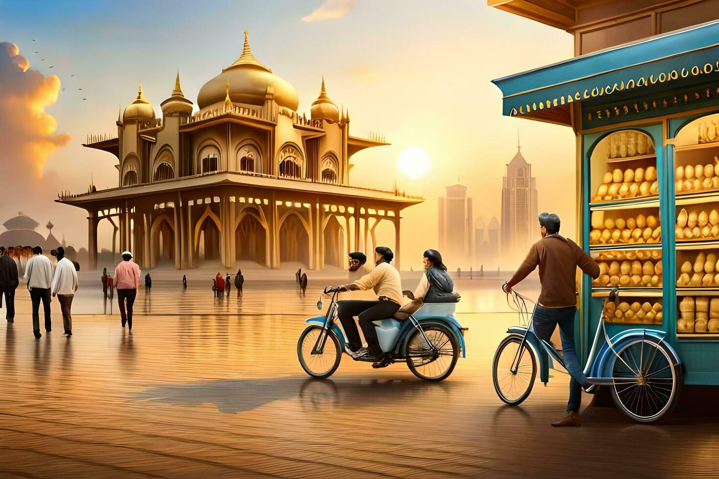 people riding bicycles in front of a building with a golden dome. AI-Generated photo