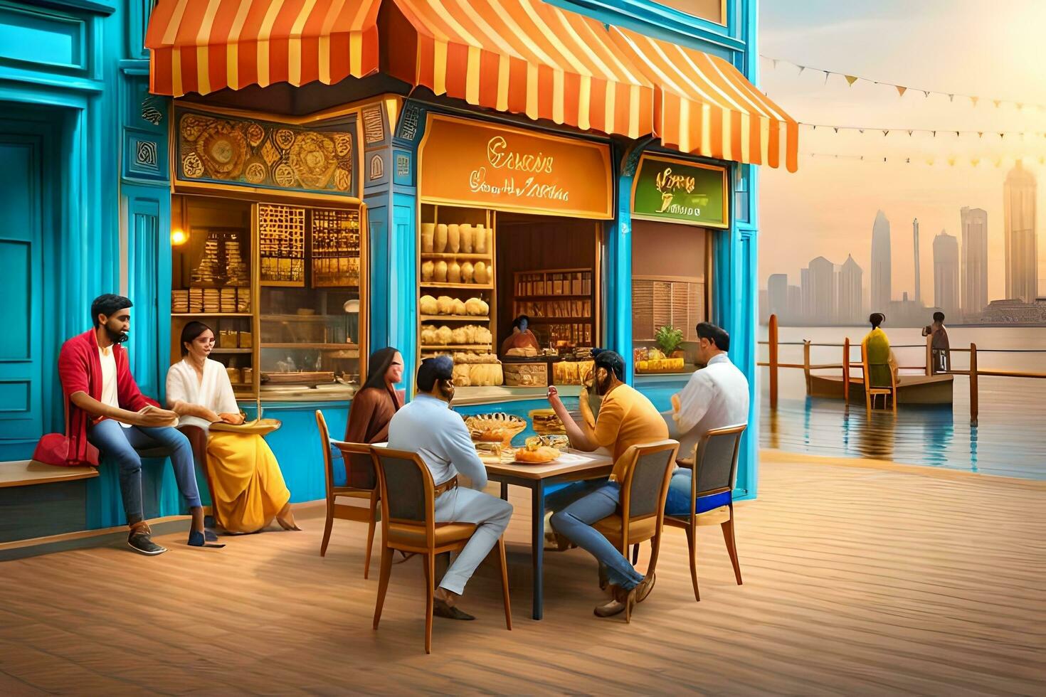 a restaurant with people sitting at tables and eating. AI-Generated photo